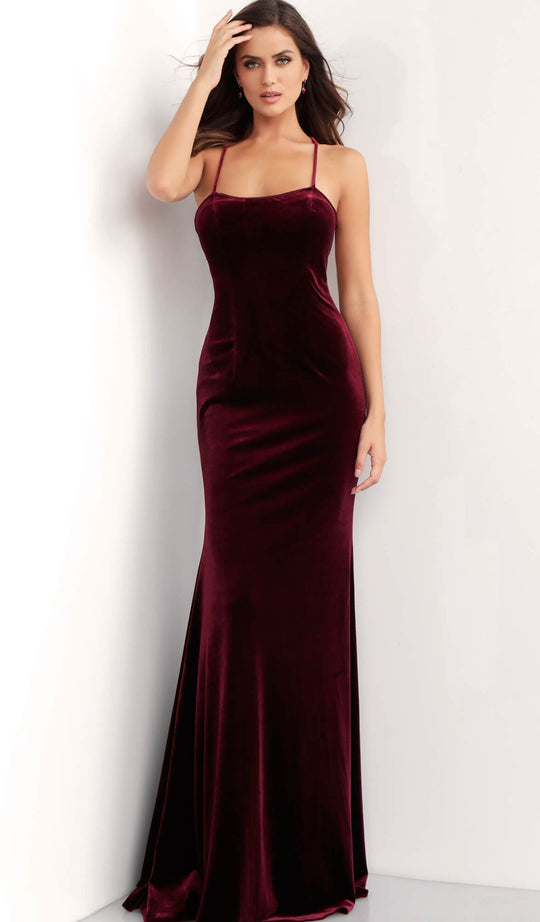 Jovani - 63942 Sleeveless Tie Back Velvet Sheath Gown In Red
