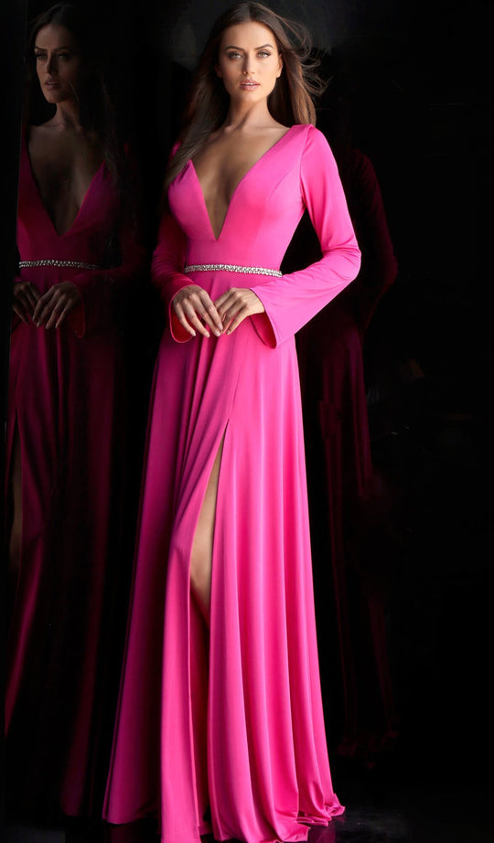 Jovani - 63949 Deep V Neck Long Sleeve Crystal Belt Evening Gown in Pink