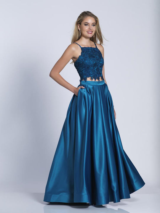 Dave & Johnny - A6394 Two-Piece Bejeweled Lace A-Line Dress in Blue