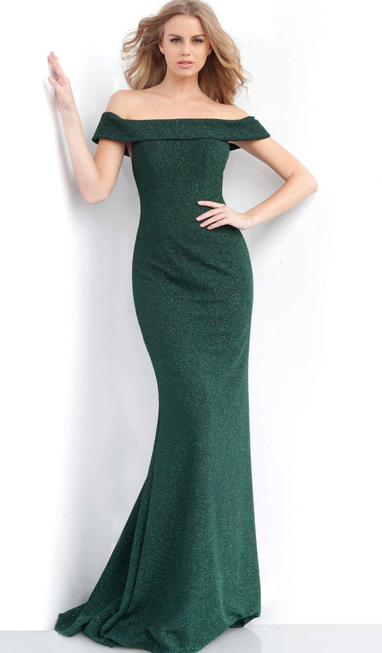 Jovani - 63975 Off shoulder Glitter Jersey Trumpet Dress With Open Back In Green