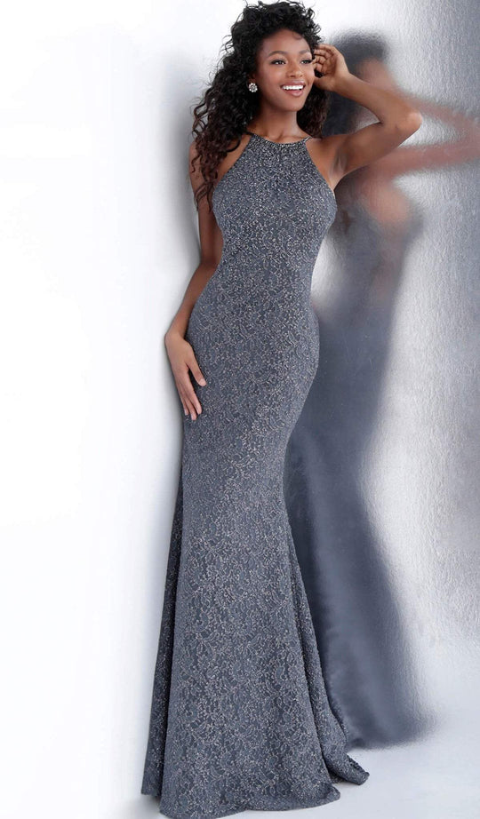 Jovani - 64010 Embellished Halter Neck Trumpet Dress in Gray