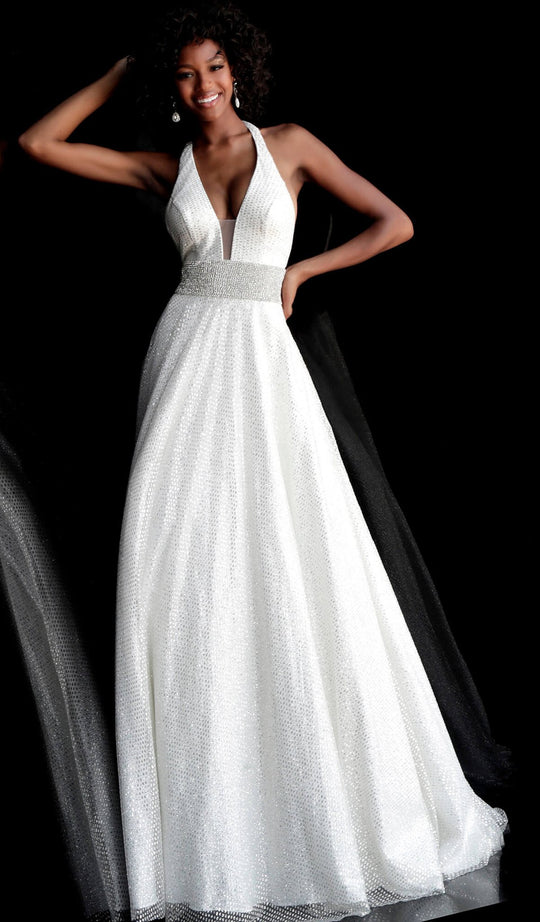 Jovani - 64016 Plunging Halter Glitter Overlay Gown in White