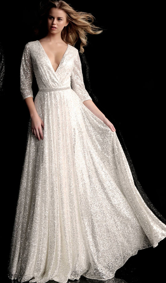 Jovani - Quarter Sleeve Draped Surplice A-Line Gown 64018 in White