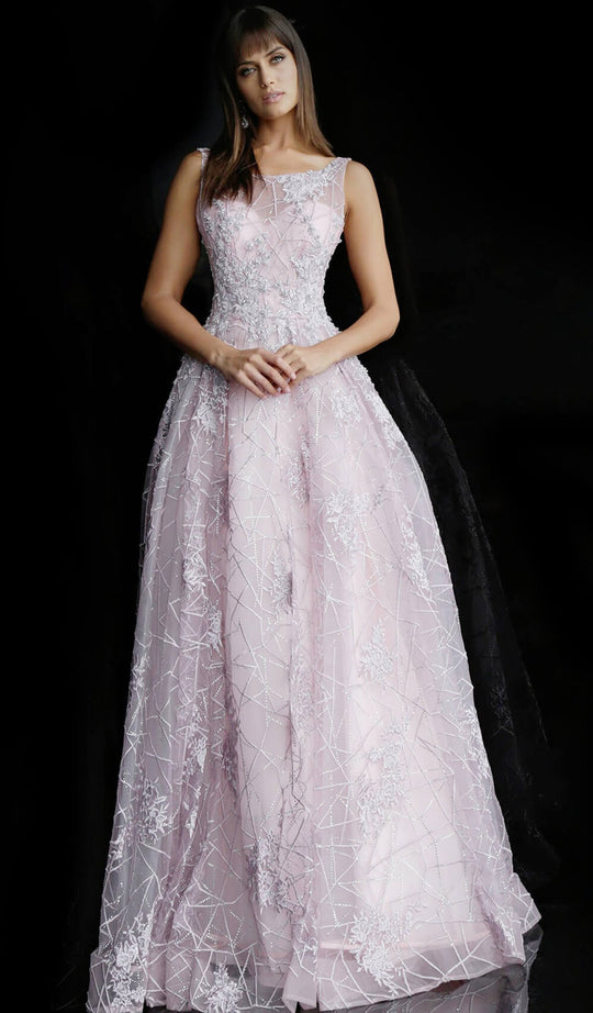 Jovani - 64047 Embroidered Bateau Ballgown With Sheer Overlay In Purple