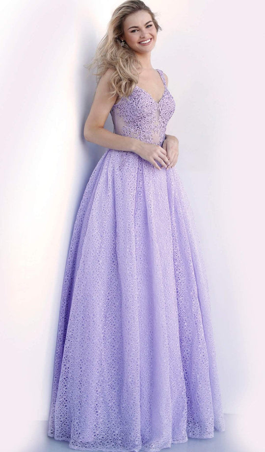 Jovani - 64105 Sleeveless Embroidered V-neck Ballgown in Purple