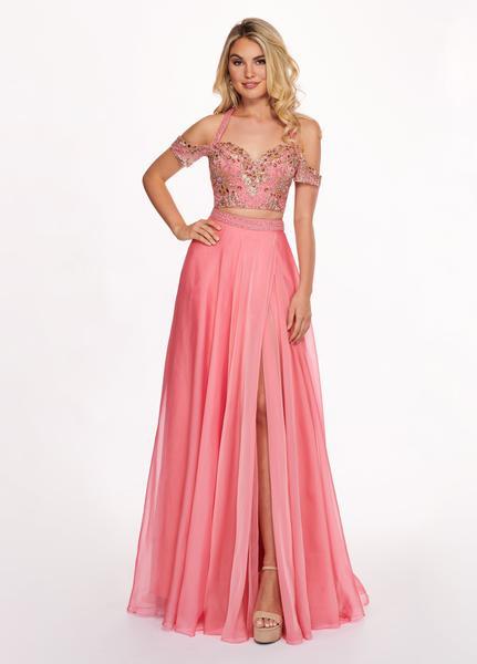 Rachel Allan - 6411 Beaded Embellished 2-Piece Cold Shoulder Prom Gown In Orange and Pink