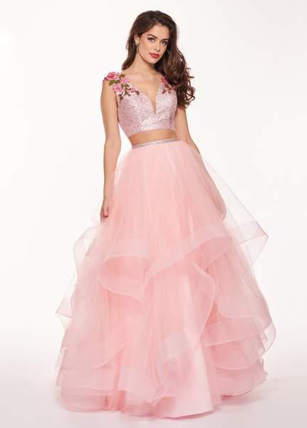 Rachel Allan - 6412 Two-Piece Floral Motif Shoulders Tiered Tulle Gown In Pink