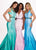 Rachel Allan - 6413 V Neck Beaded Waist Matte Satin Mermaid Gown In Green, Pink, and Blue