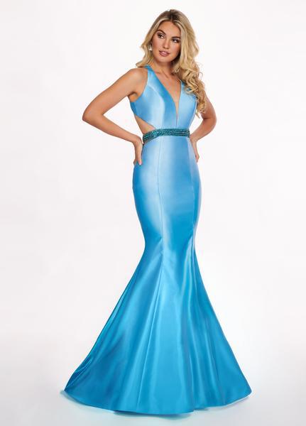 Rachel Allan - 6413 V Neck Beaded Waist Matte Satin Mermaid Gown In Blue