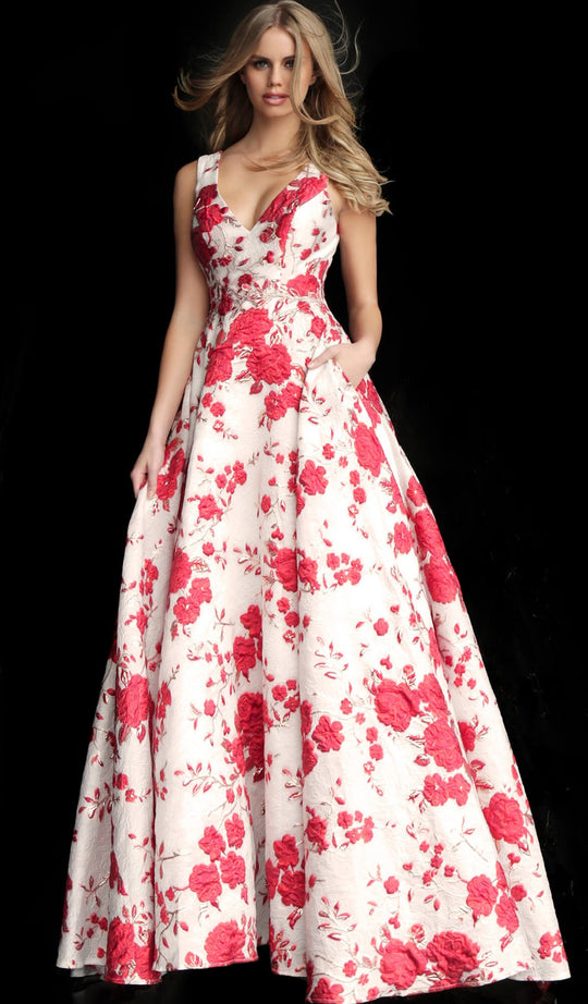 Jovani - 64141 Deep V-Neck Floral Print Ballgown in Red