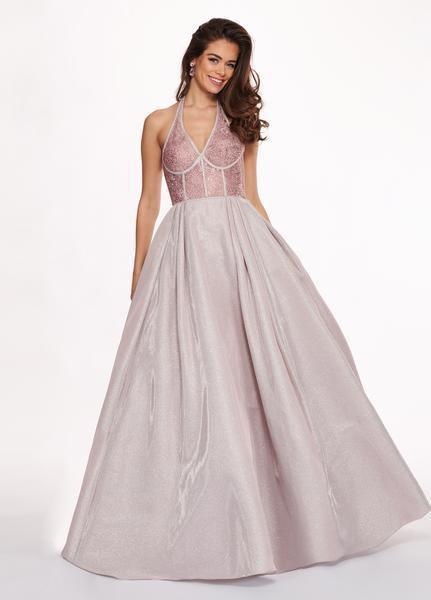 Rachel Allan - 6414 Jeweled Bustier Plunging Halter Ballgown In Pink and Silver