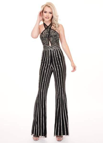 Rachel Allan - 6415 Crystal Beaded Halter Jumpsuit In Black