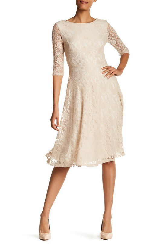 Sangria - AMYKV27 Tea Length Floral Flared Dress in Neutral and White