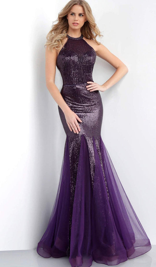 Jovani - 64185 Sequined Halter Mermaid Gown in Purple