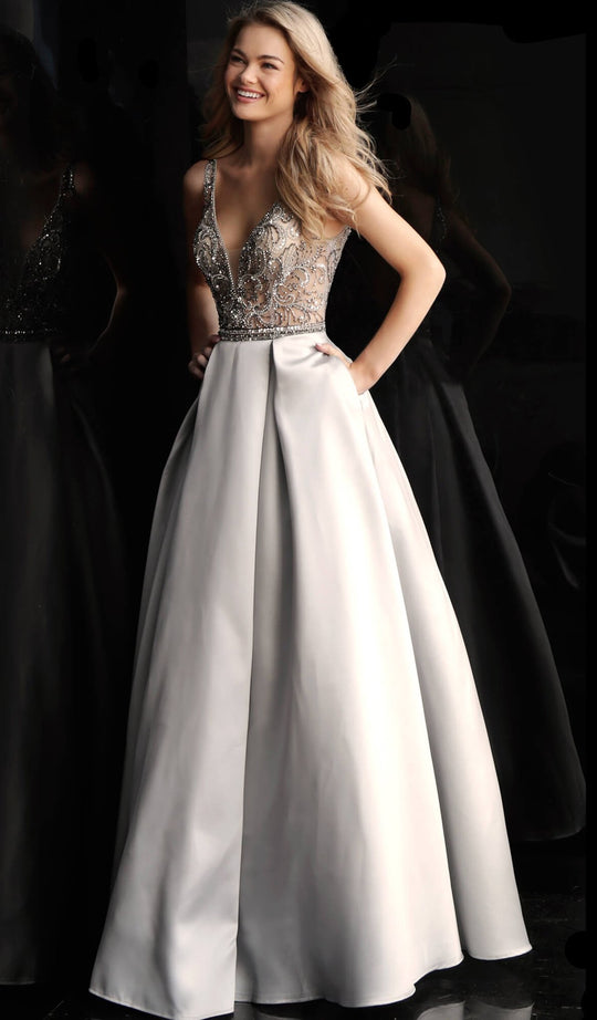 Jovani - 64205 Embellished Deep V-neck Pleated A-line Dress in Silver