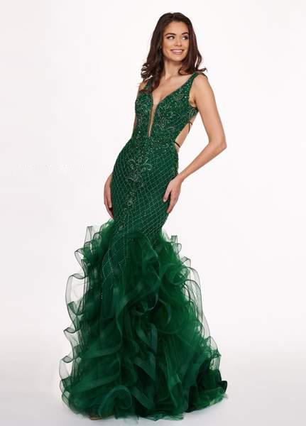 Rachel Allan - 6420 Beaded Deep V-neck Ruffled Tulle Mermaid Dress In Green