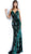 Jovani - 64223 Floral Embroidered Deep V-neck Velvet Dress In Green