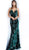 Jovani - 64223 Floral Embroidered Deep V-neck Velvet Dress In Green