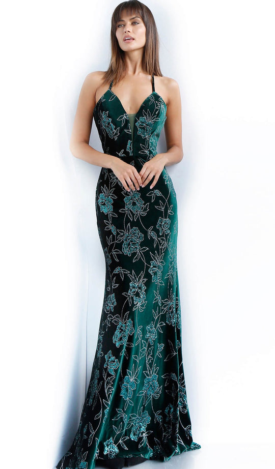 Jovani - 64223 Floral Embroidered Deep V-neck Velvet Dress In Green