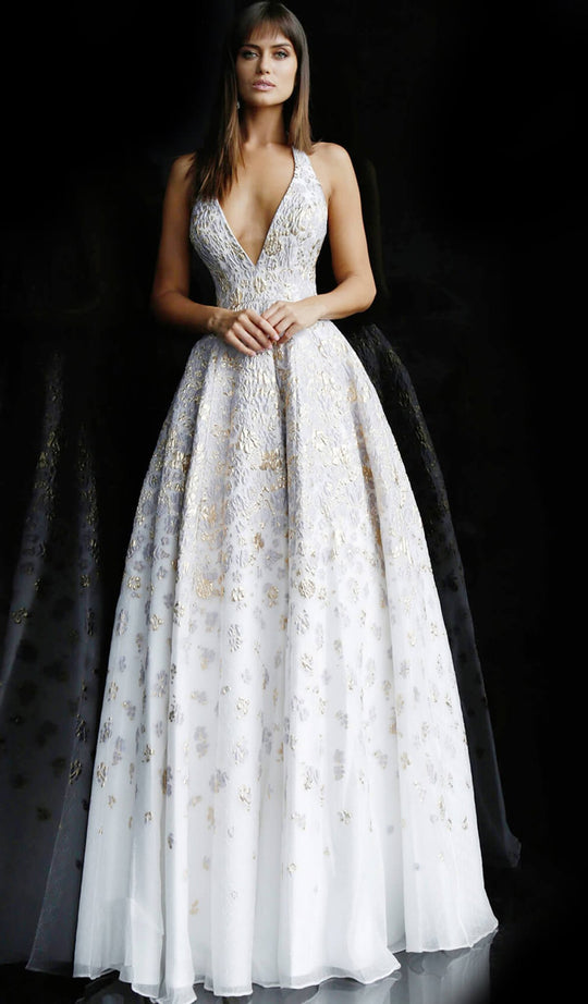 Jovani - 64242 Metallic Print Deep V-neck Ballgown In Print