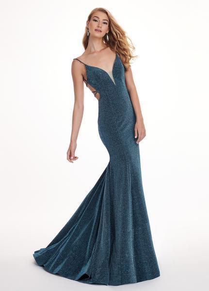 Rachel Allan - 6424 Crisscross Strapped Metallic Jersey Gown In Blue and Silver