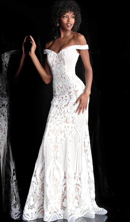 Jovani - 64277 Embellished Off-Shoulder Long Trumpet Dress in White