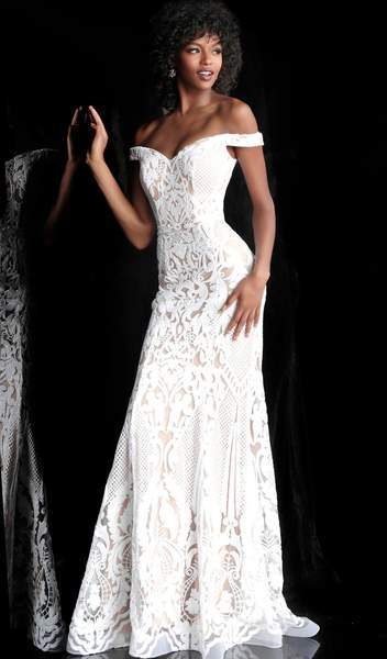 Jovani - Embellished Off-Shoulder Long Trumpet Dress 64277 In White