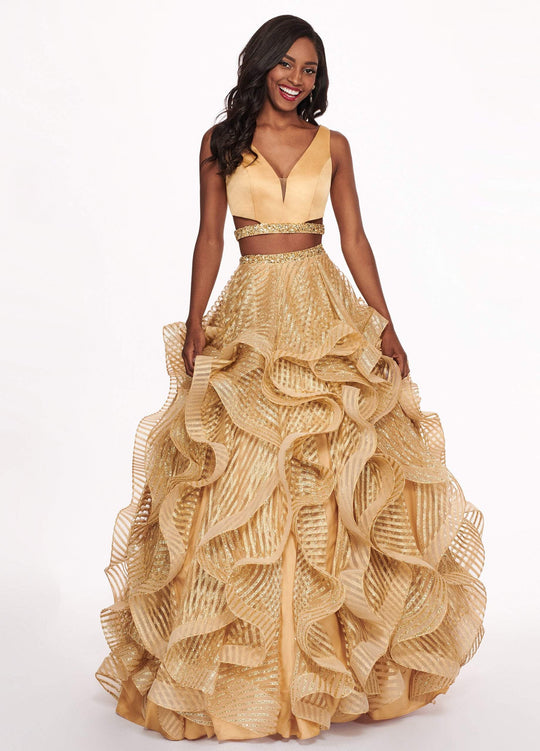 Rachel Allan - 6427 Two Piece Beaded Deep V-neck Tulle Ballgown in Gold