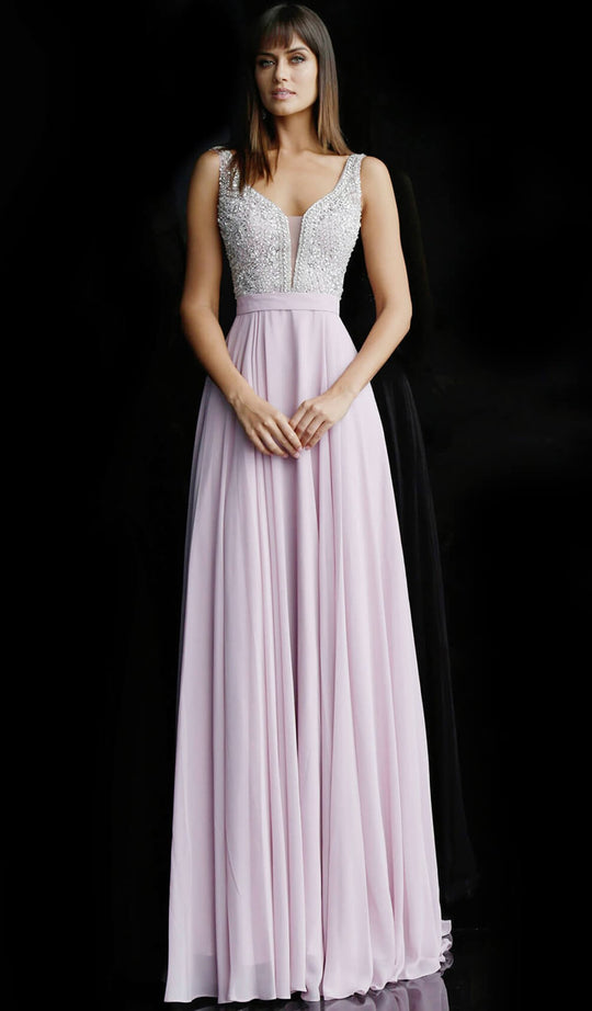 Jovani - 64298 Plunging Crystal Embellished Chiffon Gown In Pink