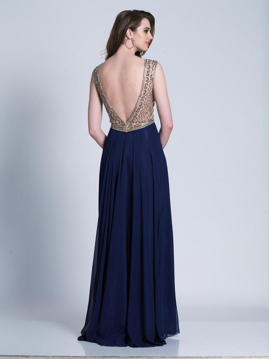 Dave & Johnny - A6429 Beaded Bateau Neckline Chiffon Gown in Blue
