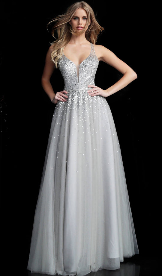 Jovani - 64305 Crystal Beaded Plunging Mesh Gown in Silver