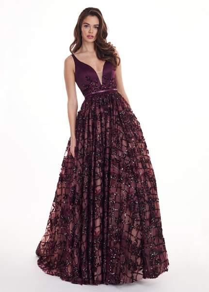 Rachel Allan - 6431 Sleeveless V Neck Floral Lace A-Line Prom Gown In Black and Purple