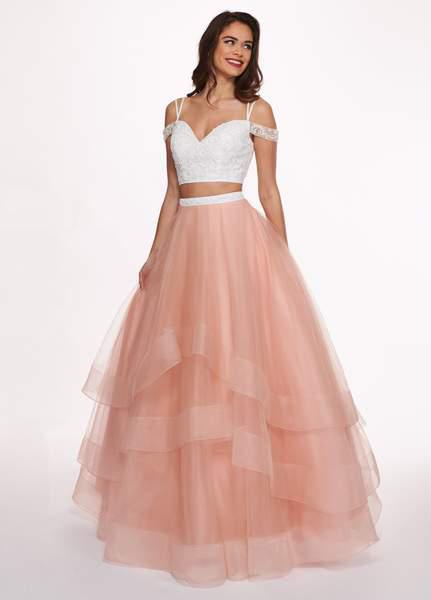 Rachel Allan - 6434 Two Piece Cold Shoulder Crop Top Tulle Prom Dress In White and Orange