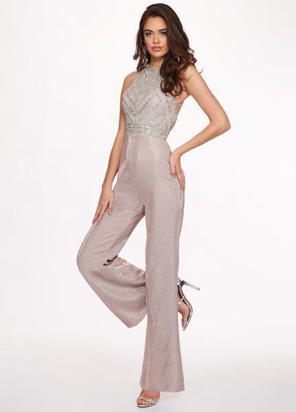 Rachel Allan - 6441 Embellished Halter Fitted Jumpsuit In Pink and Silver