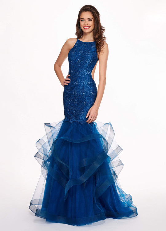 Rachel Allan - 6442 Lace Halter Tulle Mermaid Dress in Blue