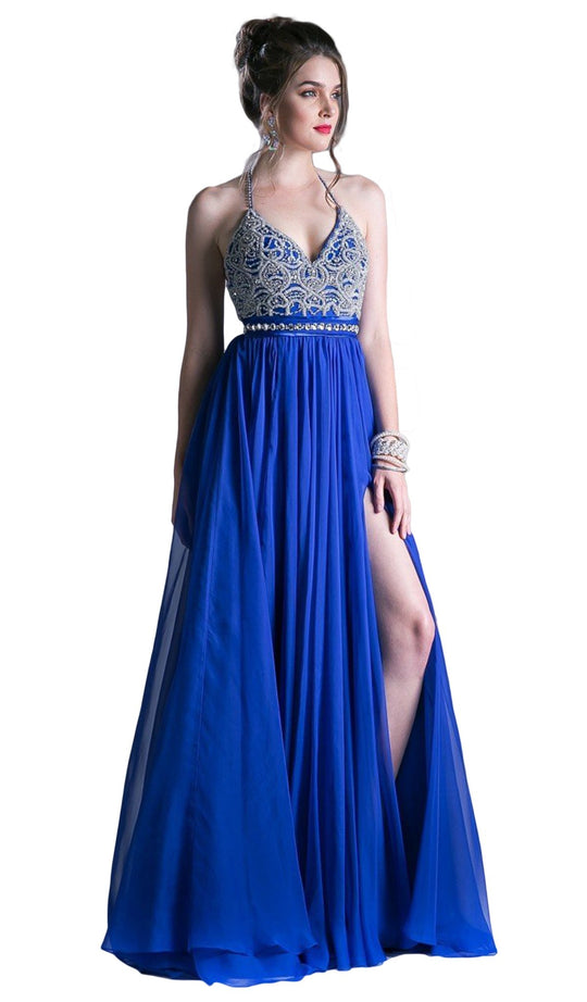 Cinderella Divine - 6443 Beaded A-Line Dress with Slit In Blue