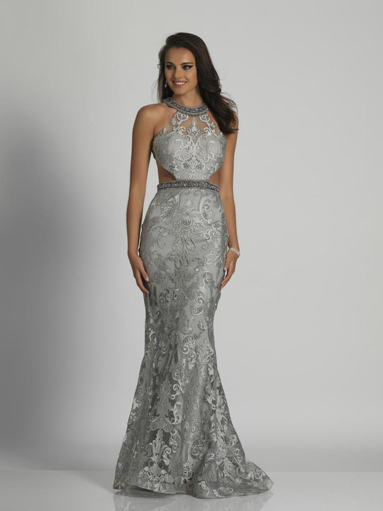 Dave & Johnny - A6444 Beaded Halter Neck Sheath Gown in Silver