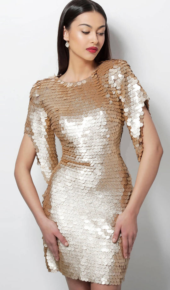 Jovani - 64601 Gold Paillette Cutout Back Fitted Cocktail Dress In Gold