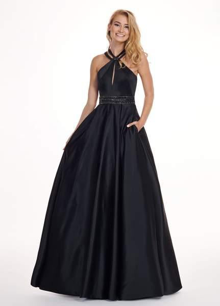 Rachel Allan - 6464 Double Strap Halter Satin A-Line Prom Dress In Black