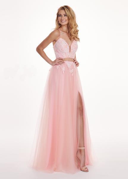 Rachel Allan - 6466 Lace Deep V-neck Tulle A-line Dress In Pink