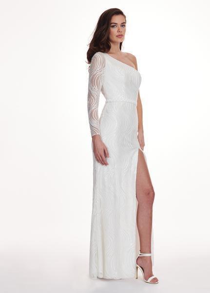 Rachel Allan - 6468 Asymmetrical Neck One Shoulder Long Sleeved Slit Evening Gown In White