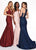 Rachel Allan - 6472 Deep V-neck Jersey Trumpet Dress With Train In Blue