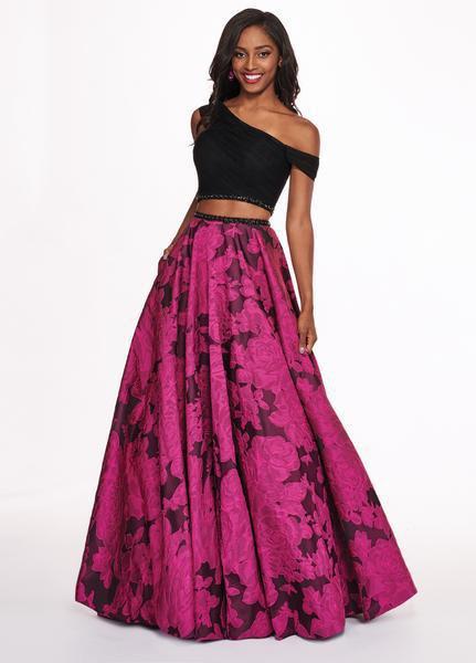 Rachel Allan - 6473 One Shoulder Two-Piece Floral Jacquard Gown In Black and Pink