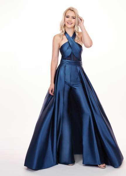 Rachel Allan - 6482 Crisscross Halter Jumpsuit with Overskirt In Blue