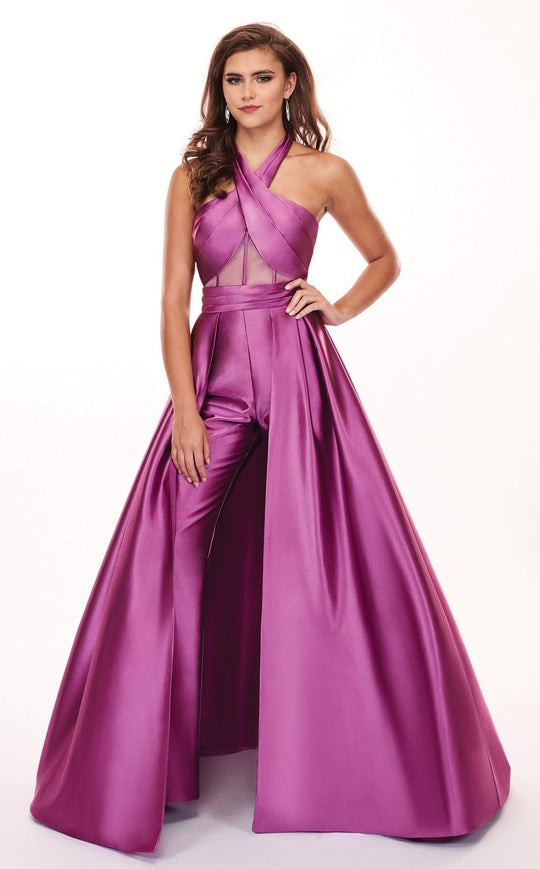 Rachel Allan - 6482 Crisscross Halter Top Satin Jumpsuit with Overskirt In Purple