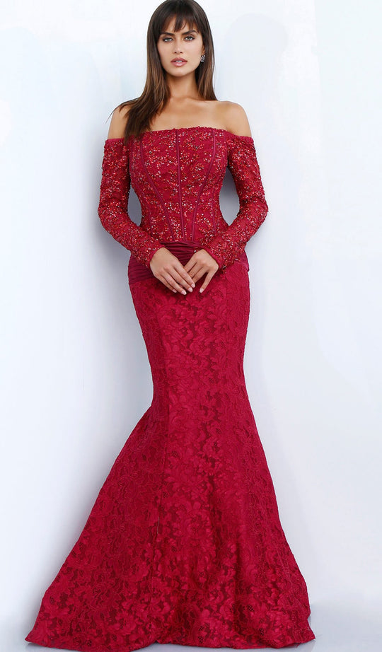 Jovani - 64822 Embellished Off-Shoulder Mermaid Dress In Red
