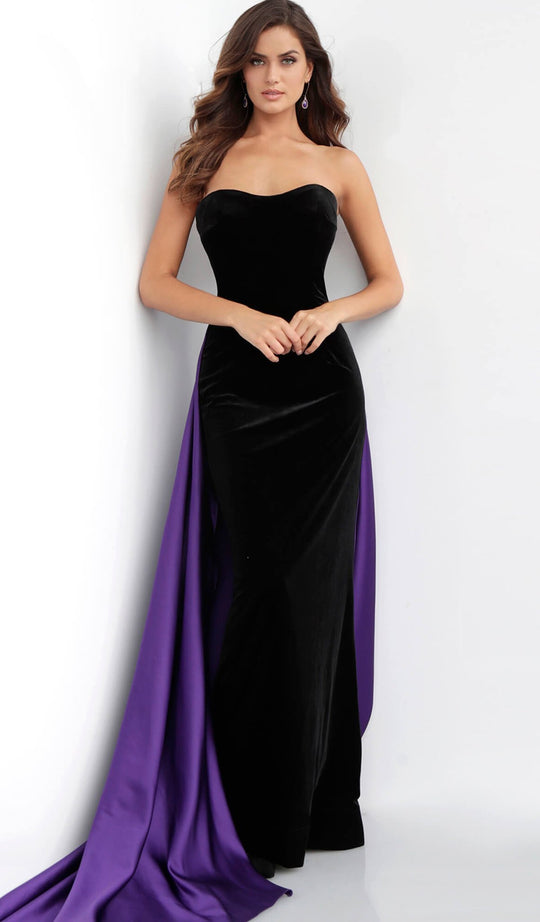 Jovani - 64830 Two Tone Strapless Velvet Dress With Satin Overskirt in Black and Purple