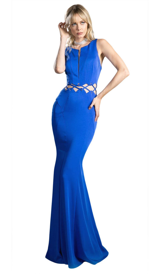 Cinderella Divine - 6485 Plunging Notched Lace-Up Cutout Long Gown In Blue