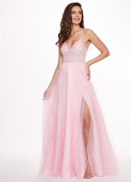 Rachel Allan - 6493 Embroidered V-neck Swiss Dot Crepe A-Line Gown in Pink