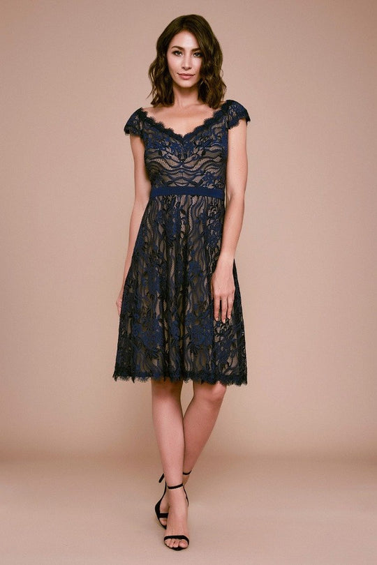 Tadashi Shoji - Lace Wide Scalloped V-Neck A-Line Dress In Blue and Neutral